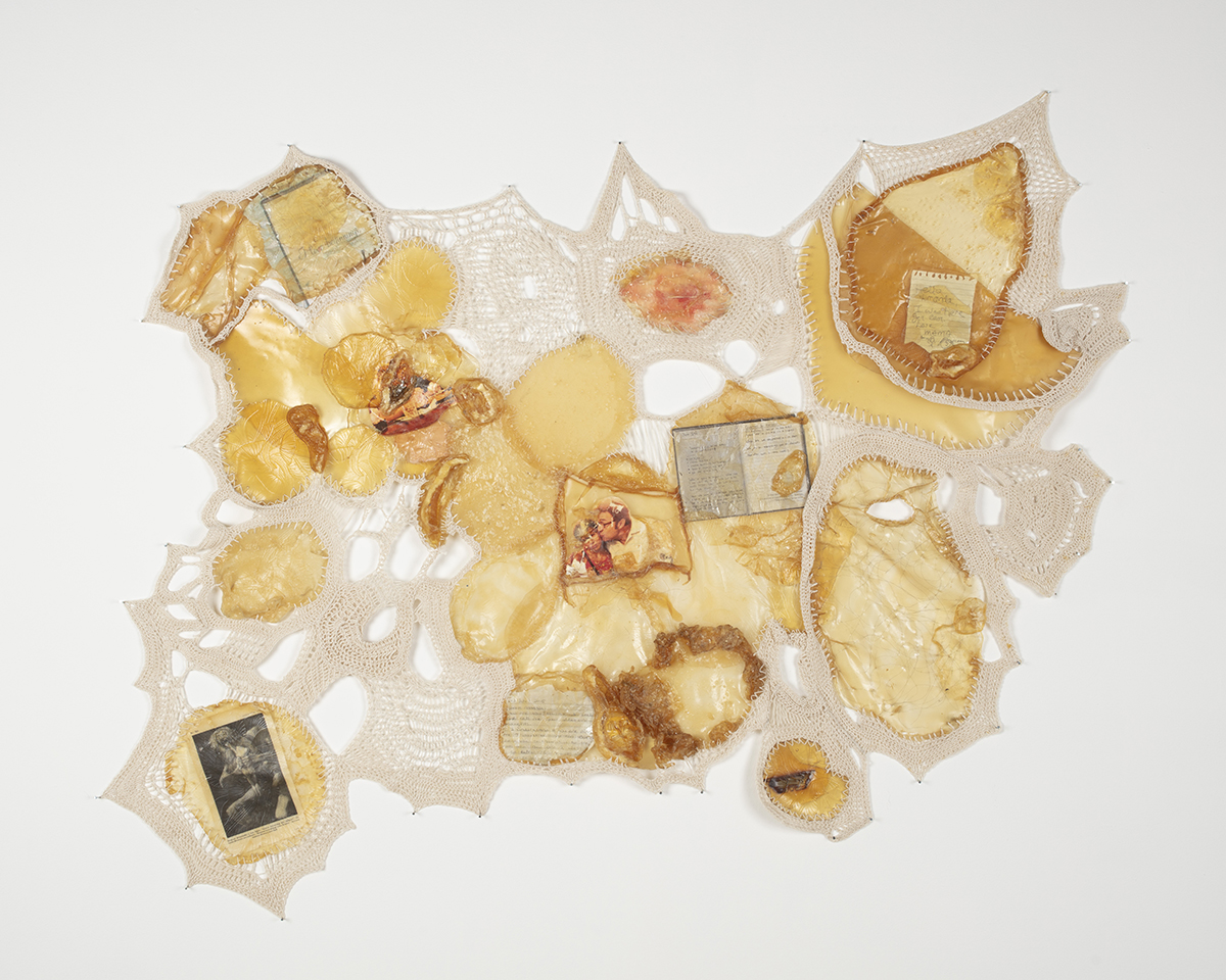 Ophelia Arc: i love beginnings!, 2023, latex, thread, Arcoroc Canterbury Dinner Plate impression, silicone, 100 pieces of human hair, rusted razor blade, scan of journal spread (6/24/15), photo (5/14/13), photo (6/29/15), scan of letter (7/1/15),
scan of note (2015), ripped out page of Francisco Goya's Saturn Devouring His Son, 32 by 40 inches.