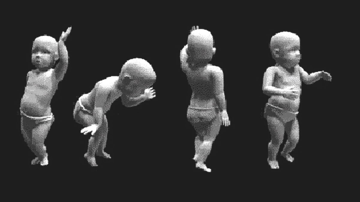 Four images of a baby in different dancing poses.