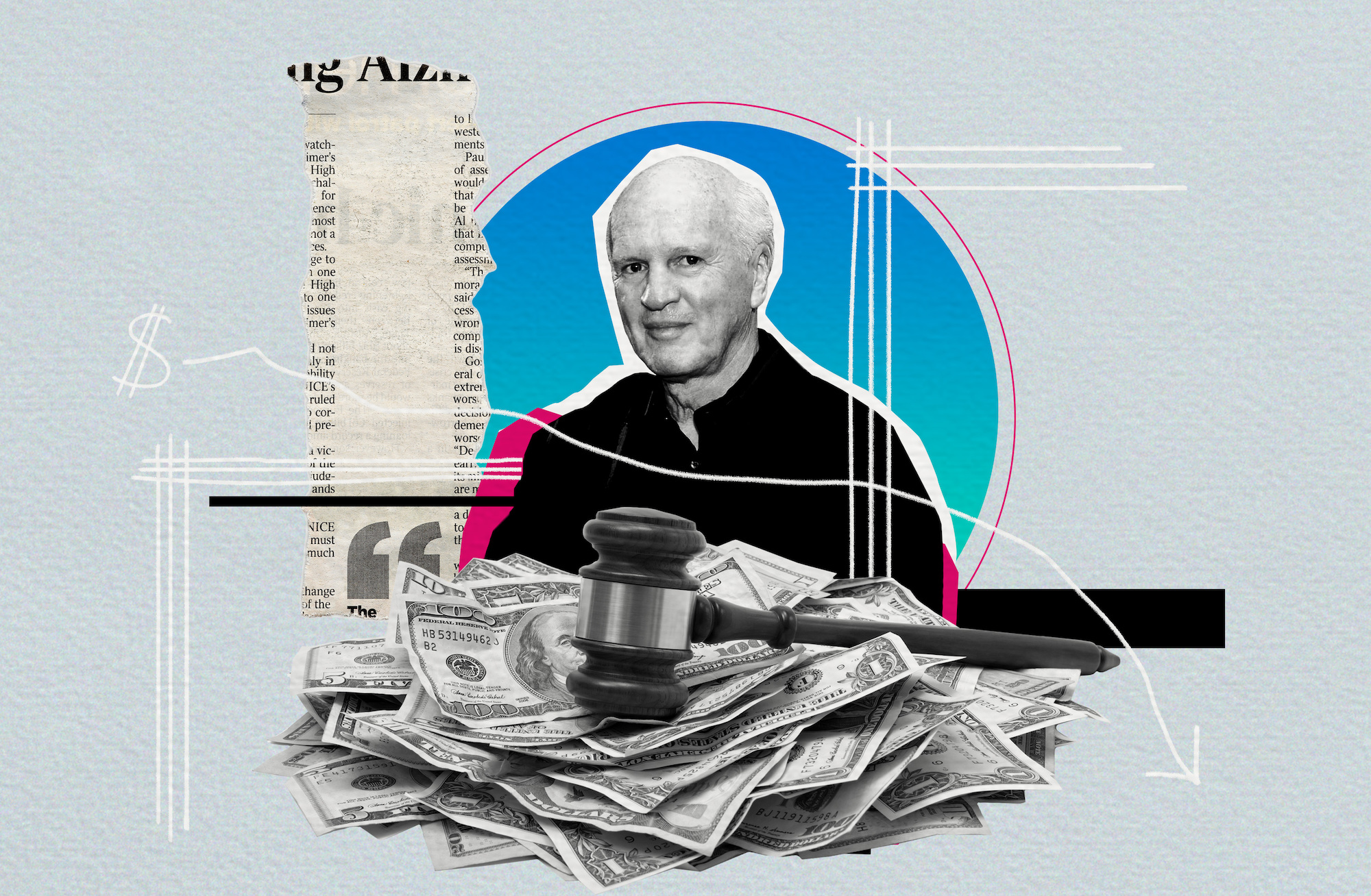 A photo illustration depicting art dealer Doug Chrismas, surrounded by a pile of money, a gavel, and a newspaper clipping.