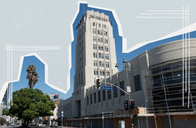 An image of an art-deco building in Los Angeles, surrounded by a gray photo illustration.