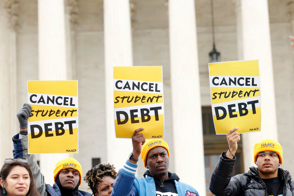 WASHINGTON, DC - FEBRUARY 28: Student loan borrowers and advocates gather for the People's Rally to Cancel Student Debt During the Supreme Court Hearings on Student Debt Relief, February 28, 2023, in Washington, DC. (Photo Jemal Countess/Getty Images for People's Rally to Cancel Student Debt)