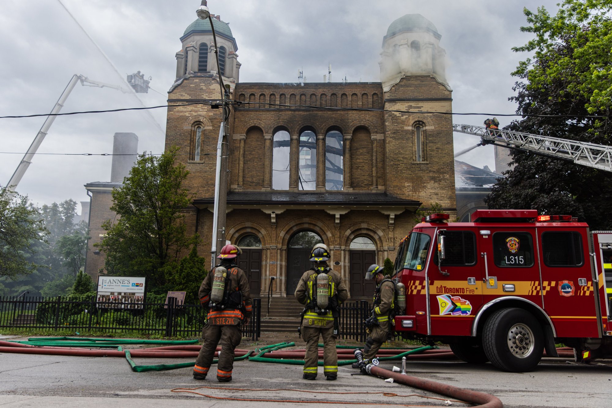 Toronto, ON - June 9: Historic St. Anne's Anglican Church devastated by a 4 alarm fire. (Photo by Nick Lachance/Toronto Star via Getty Images)