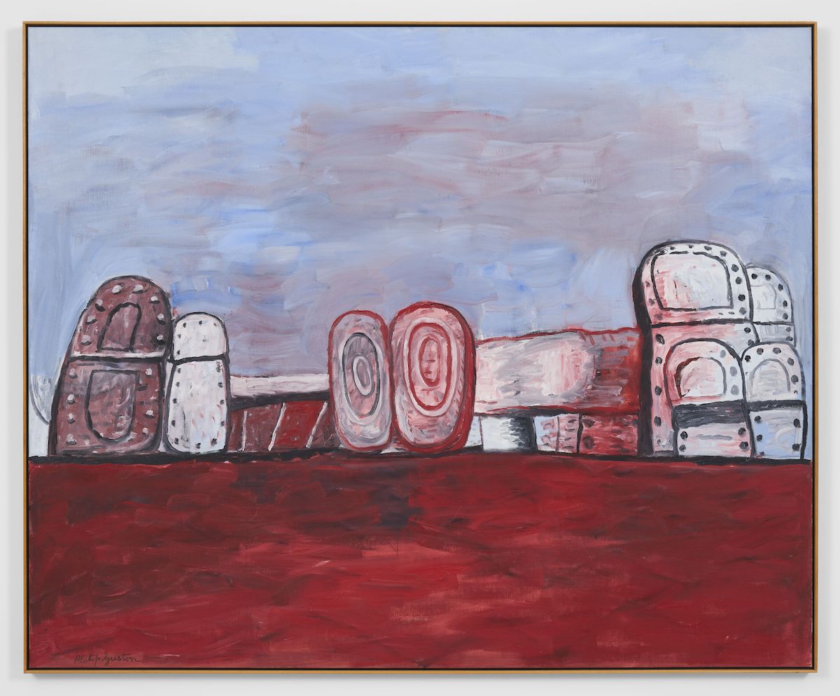 A painting of several pairs of shoes with a blue sky and a crimson red horizon line.