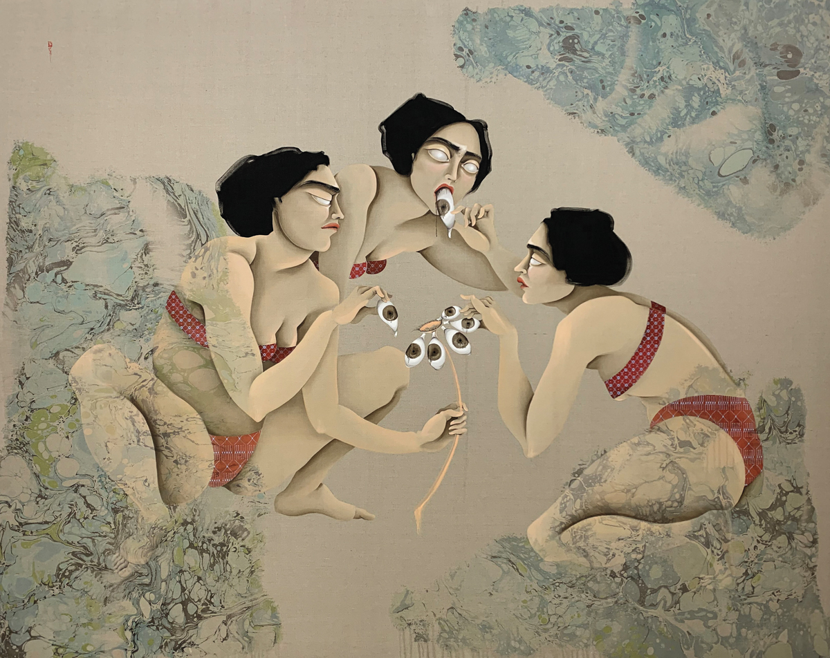 Hayv Kahraman: Love Me Love Me Not, 2023, oil on linen.