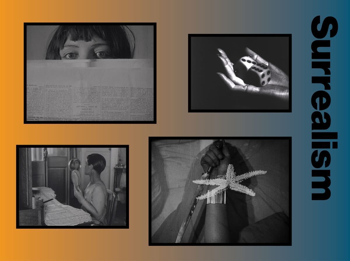 A collage of four film stills with the word 'Surrealism' going down on the right.