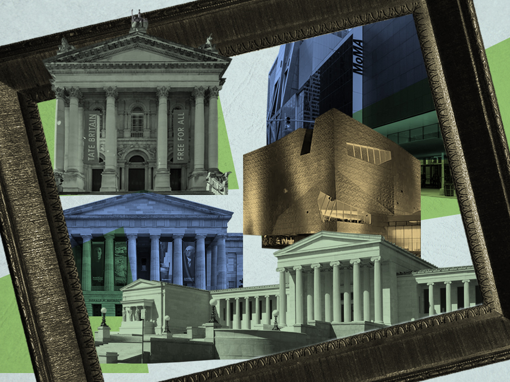 A photo illustration with images for five museums' exteriors situated in a titled frame.