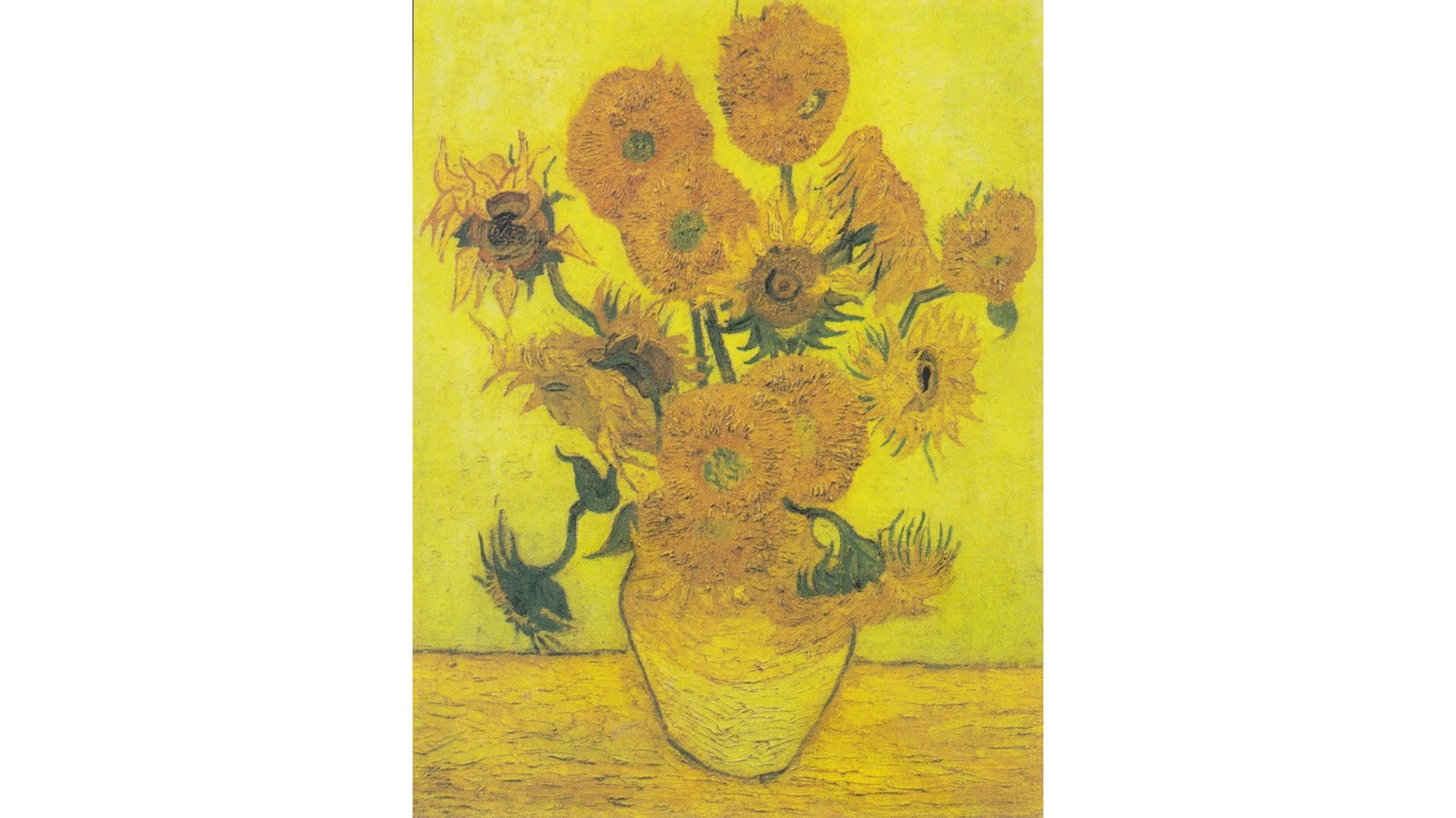 A painting of sunflowers on a yellow background.