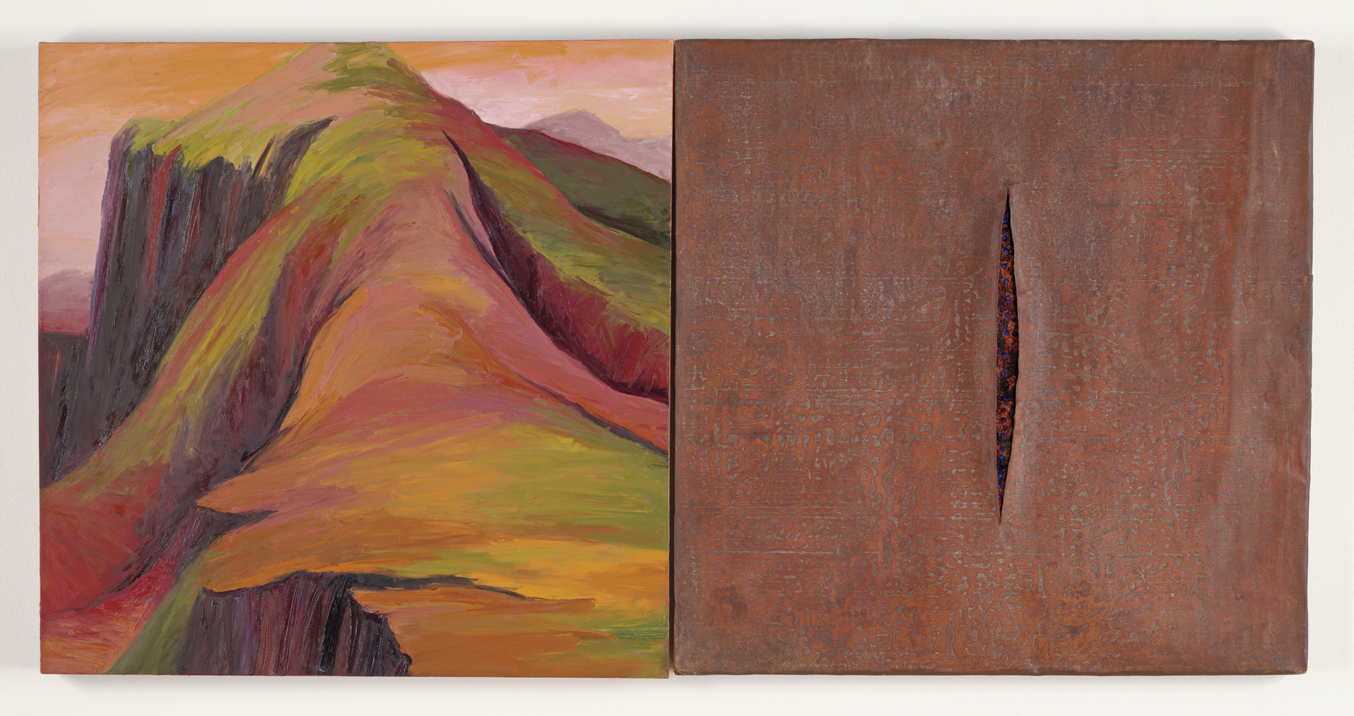 a two-panel canvas with a painting of a mountain in earth tones on the left, and on the right a brown square with a vertical slash down the middle